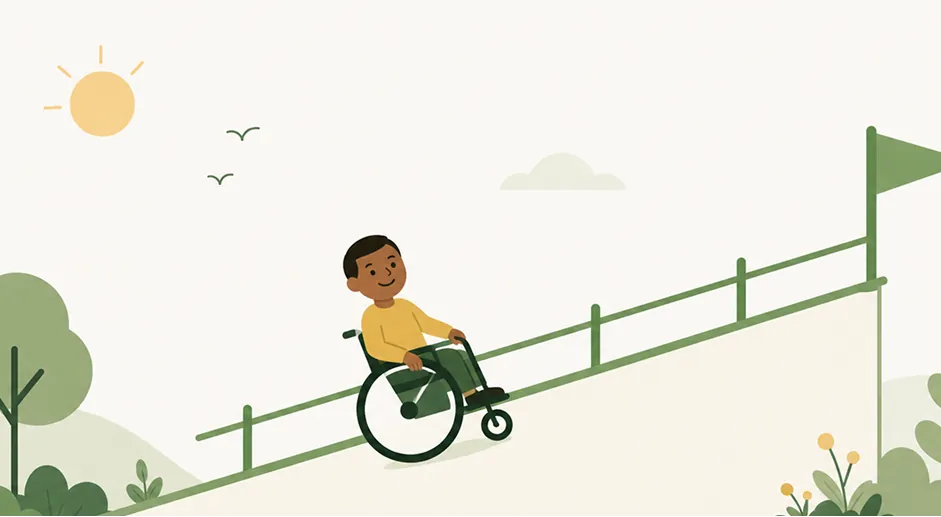 Illustration of a person in a wheelchair rolling up a ramp towards a flag