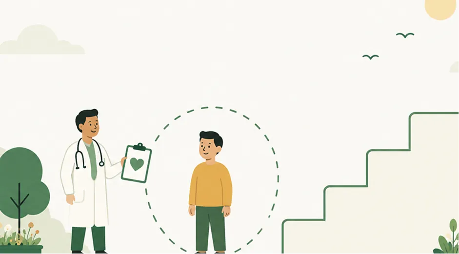 Illustration of a clinician holding a heart chart beside a person, with steps rising toward the sun