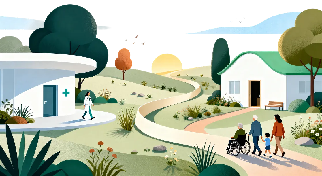 Illustration of a winding path linking a health clinic to a family home, where a family walks together with a grandparent in a wheelchair